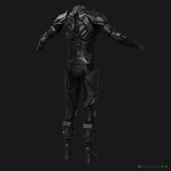  3d armor armored_bodysuit armored_boots boots commentary company_logo company_name copyright_logo copyright_name dark_background dated english_commentary eve_online from_behind full_body grey_background greyscale highres logo maya_(medium) monochrome no_humans official_art realistic science_fiction simple_background undoz zbrush_(medium) 