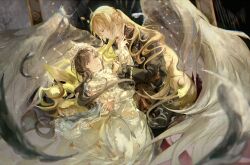  1boy 1girl absurdres alkaid_mcgrath alkaid_mcgrath_(until_the_end_of_time) angel_wings ascot black_feathers black_hair black_jacket black_vest blonde_hair blurry bracelet chinese_commentary closed_mouth commentary_request constellation crown depth_of_field dress earrings eye_contact falling_feathers feather_hair_ornament feathered_wings feathers feet_out_of_frame frilled_sleeves frills frown gem gown green_eyes green_gem hair_between_eyes hair_ornament half_updo hand_on_another's_back head_chain heroine_(lovebrush_chronicles) highres holding_another's_arm jacket jewelry lapels long_hair long_sleeves looking_at_another lovebrush_chronicles multiple_rings notched_lapels parted_bangs parted_lips pearl_bracelet picture_frame profile ring risehuixuan see-through_clothes see-through_veil standing star_(symbol) star_earrings veil very_long_hair vest violet_eyes wavy_hair white_ascot white_dress white_veil wings 