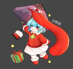  1girl :p absurdres alternate_costume bell blue_eyes blue_hair boots box chinese_commentary christmas commentary_request deformed full_body fur-trimmed_boots fur-trimmed_sleeves fur_trim gift gift_box grey_background heterochromia highres holding holding_umbrella karakasa_obake long_sleeves looking_at_viewer mittens neck_bell purple_umbrella red_boots red_eyes red_mittens red_shirt santa_costume shirt simple_background skirt solo tatara_kogasa tongue tongue_out touhou umbrella white_skirt wu_yu_wanwan 