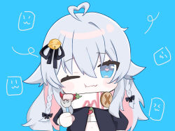  1girl ahoge bell black_bow black_jacket black_ribbon blue_background blue_eyes bow braid chibi chili_pepper closed_mouth copyright_request eating fang fang_out fork grey_hair hair_bell hair_between_eyes hair_bow hair_ornament hair_ribbon heart heart-shaped_pupils heart_ahoge holding holding_fork indie_virtual_youtuber jacket jingle_bell kagura_nana kagura_nana_(reset1st_costume) long_hair looking_at_viewer multicolored_hair nana_kagura navel one_eye_closed open_clothes open_jacket pink_hair ribbon sarashi scarf simple_background skin_fang solo symbol-shaped_pupils twin_braids upper_body virtual_youtuber white_scarf 
