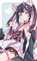  1boy absurdres animal_ear_fluff animal_ears black_hair black_sleeves blue_background border cho_kaguya-hime! commentary_request cowboy_shot crossdressing crossdressing_(mtf) detached_sleeves frilled_kimono frilled_sleeves frills gradient_horns hands_up heart highres holding_own_hair horns japanese_clothes kimono komazawa_noi long_hair long_sleeves looking_at_viewer male_focus multicolored_hair multicolored_horns o-ring o-ring_thigh_strap pink_eyes pink_kimono pink_streaks sitting solo streaked_hair sukoyaka_(100hituzi) thigh_strap tiger_ears trap twintails white_border wide_sleeves 