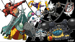  balancing ball blacephalon blacknirrow buzzwole cannon celesteela closed_mouth commentary commission exercising fire guzzlord highres juggling kartana naganadel nihilego on_ball open_mouth outline pheromosa plate plate_spinning pokemon pokemon_(creature) pokemon_focus ring_of_fire stakataka tightrope trapeze two-tone_background unicycle weightlifting white_outline xurkitree 