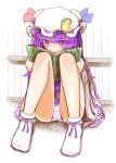  bookshelf hat legs no_nose panties pantyshot patchouli_knowledge purple_eyes purple_hair reading sitting socks striped striped_panties touhou underwear violet_eyes yassy 