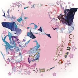  2girls absurdres bare_shoulders blue_eyes blue_flower book bracelet character_doll chess_piece closed_eyes closed_mouth coat cup cyrene_(honkai:_star_rail) cyrene_(philia093)_(honkai:_star_rail) doll dress dress_flower drinking_glass emofaze08884 flower flower_on_leg gem gladiator_sandals hair_flower hair_ornament high_heels highres holding holding_quill honkai:_star_rail honkai_(series) hugging_object jewelry long_sleeves medium_hair mem_(honkai:_star_rail) multiple_girls one_eye_covered pink_flower pink_hair purple_coat quill red_gem ribbon sandals seashell shell skirt sword upside-down v weapon white_dress white_skirt wine_glass wrist_ribbon 