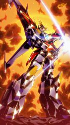  babamba clenched_hands commentary_request da-garn_x densetsu_no_yuusha_da-garn explosion full_body glint highres mecha no_humans orange_eyes robot science_fiction solo standing super_robot v-fin yuusha_series 