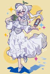  1girl absurdres blush bonnet brown_eyes character_request closed_mouth commentary_request commission copyright_request diagonal-striped_background double-parted_bangs dress full_body glasses grey_bonnet grey_shoes hair_between_eyes highres holding holding_notebook honoca6190 hourglass long_hair long_sleeves looking_at_viewer notebook round_eyewear shoes skeb_commission smile solo sparkle standing standing_on_one_leg striped_background white_dress white_hair yellow_background 