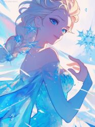  1girl arm_up artist_name blonde_hair blue_dress blue_eyes braid braided_ponytail breasts commentary_request dress elsa_(frozen) eyelashes eyeshadow from_side frozen_(disney) highres ice lips long_braid long_hair makeup nostrils off-shoulder_dress off_shoulder outdoors parted_lips shadow small_breasts snowflakes solo sunlight tomoe00022 turning_head twitter_username upper_body wavy_hair 
