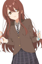  1girl 2l_(2lsize) blazer breasts brown_eyes brown_jacket commentary_request cowboy_shot diagonal-striped_clothes diagonal-striped_necktie facing_viewer food grey_skirt highres holding holding_food holding_ice_cream holding_ice_cream_cone holding_spoon ice_cream ice_cream_cone idolmaster idolmaster_shiny_colors jacket long_hair long_sleeves necktie osaki_tenka pleated_skirt sideways_glance simple_background skirt solo spoon standing striped_clothes white_background 