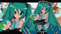  1girl 3d absurdres animasa_model_(mikumikudance) antenna_hair aqua_eyes aqua_hair black_skirt black_sleeves character_doll doll food grey_shirt hachune_miku hair_between_eyes hair_ornament hatsune_miku headset highres holding holding_food holding_spring_onion holding_vegetable indoors kio_(majin_kz) letterboxed long_hair looking_at_viewer mikumikudance_(medium) number_tattoo shirt skirt sleeveless sleeveless_shirt smile spring_onion standing tattoo thigh-highs twintails variant_set vegetable vocaloid zoom_layer 