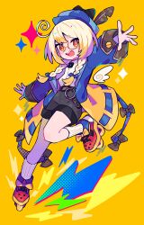  1girl :d absurdres ahoge arm_up belt black_shorts blonde_hair blue_coat blue_hat braid bright_pupils coat commentary_request commission detached_wings double-parted_bangs full_body glasses hat highres honoca6190 lightning_bolt_symbol long_hair long_sleeves looking_at_viewer mini_wings multicolored_coat open_clothes open_coat open_mouth orange_background orange_eyes original outstretched_arms roller_skates shirt shirt_tucked_in short_eyebrows shorts skates skeb_commission smile socks solo sparkle standing standing_on_one_leg teeth twin_braids two-tone_coat upper_teeth_only white_pupils white_shirt white_socks wings yellow_coat 