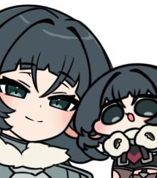  2girls animal_ears black_hair black_necktie chibi closed_mouth dual_persona fur-trimmed_jacket fur_trim green_eyes highres jacket jane_doe_(zenless_zone_zero) looking_at_viewer mouse_ears mouse_girl multiple_girls necktie open_mouth otu_(o2h2_oh4) red_necktie simple_background smile two-tone_necktie white_background zenless_zone_zero 