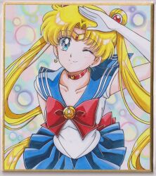  1girl ;) arm_behind_back arm_up back_bow bishoujo_senshi_sailor_moon blonde_hair blue_eyes blue_sailor_collar blue_skirt bow breasts chikoto_(kztc4472) choker closed_mouth collarbone colorful_background commentary cowboy_shot crescent crescent_choker crescent_earrings double_bun earrings elbow_gloves gem gloves gold_tiara hair_bun hair_ornament highres jewelry leaning_forward leotard lone_nape_hair long_hair looking_at_viewer magical_girl medium_breasts miniskirt one_eye_closed parted_bangs photo_(medium) picture_frame pleated_skirt red_bow red_choker red_gem sailor_collar sailor_moon sailor_senshi_uniform short_sleeves skirt smile solo straight-on tiara traditional_media transformation_brooch_(sailor_moon) tsukino_usagi twintails very_long_hair waving white_gloves white_leotard 