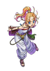  1girl armlet bare_shoulders blonde_hair blue_eyes blue_gem breasts brown_sandals chrono_trigger full_body gem gold_armlet gold_bangle gold_choker gvdygdu jewelry leaning_forward long_hair marle_(chrono_trigger) medium_breasts neck_ring necklace open_mouth ponytail romper sandals sidelocks smile solo toriyama_akira_(style) white_background white_romper 