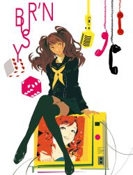  1girl brown_eyes brown_hair highres kujikawa_rise neckerchief persona persona_4 school_uniform solo television tenshusei twintails yasogami_school_uniform yellow_neckerchief 