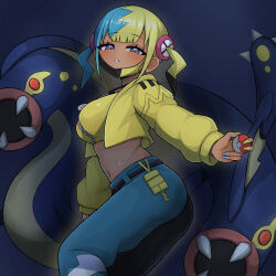  1girl aqua_hair ass baggy_pants bandeau black_mask blonde_hair blue_eyes breasts canari_(pokemon) colored_sclera commentary_request criss-cross_straps dark-skinned_female dark_skin eel eelektross fangs fish half-closed_eyes jacket lamprey mask mask_pull medium_breasts midriff mouth_mask multicolored_hair pants pokemon pokemon_(creature) pokemon_legends:_z-a red_sclera short_twintails solo_focus split-color_clothes split-color_hair twintails two-tone_mask two-tone_pants user_kruv4844 yellow_bandeau yellow_jacket yellow_mask 
