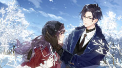  1boy 1girl adjusting_another's_clothes adjusting_clothes adjusting_headwear bare_tree beanie black_gloves black_hair black_hat black_jacket black_necktie black_shirt blue_coat blue_eyes bow capelet chinese_commentary clarence_clayden clouds coat collared_shirt commentary_request couple cuff_links curtained_hair day eye_contact fur-trimmed_capelet fur-trimmed_coat fur_trim glasses glove_bow gloves hair_between_eyes hand_on_another's_shoulder hat heroine_(lovebrush_chronicles) hetero jacket lapels light_blush long_hair long_sleeves looking_at_another looking_at_viewer lovebrush_chronicles mole mole_under_eye neck_ribbon necktie notched_lapels official_art open_clothes open_coat outdoors over-rim_eyewear parted_bangs parted_lips profile psd_(psdgai) purple_hair red_capelet ribbon semi-rimless_eyewear shirt short_hair sleeve_cuffs smile snow tree turtleneck turtleneck_shirt undershirt upper_body violet_eyes watermark wavy_hair weibo_watermark white_bow white_ribbon white_shirt winter_clothes 