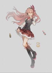  1girl akame_ga_kill! black_boots black_vest boots bottle brown_hair chelsea_(akame_ga_kill!) commission cosmetics full_body grey_background grey_hair hair_between_eyes hair_ribbon headphones highres lipstick_tube long_hair perfume_bottle powder_puff red_ribbon ribbon shirt sicengxiangshiyaoyuandeguoqu solo very_long_hair vest white_shirt 