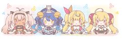  4girls :3 ;3 absurdres ahoge amamiya_kokoro amamiya_kokoro_(1st_costume) animal animal_on_head antenna_hair bell beret black_hairband black_skirt blonde_hair blue_bow blue_hair blue_hat blue_jacket blue_shorts blue_skirt blue_socks bow breasts brown_hair chibi closed_mouth colored_shadow commentary_request dark-skinned_female dark_skin frilled_skirt frills goat hair_bell hair_bow hair_ornament hairband hairclip hat heterochromia highres hoshikawa_sara hoshikawa_sara_(1st_costume) jacket jingle_bell juliet_sleeves large_breasts long_hair long_sleeves matsukai_mao matsukai_mao_(1st_costume) mitarashi_neko multiple_girls navel nijisanji off_shoulder on_head one_eye_closed open_clothes open_jacket pantyhose pink_eyes puffy_long_sleeves puffy_sleeves purple_bow red_eyes shadow shorts side_ponytail sitting skirt sleeves_past_fingers sleeves_past_wrists socks striped_clothes striped_thighhighs takamiya_rion takamiya_rion_(1st_costume) tank_top thigh-highs twintails two_side_up very_long_hair violet_eyes virtual_youtuber white_bow white_jacket white_pantyhose white_shorts white_tank_top x_hair_ornament yellow_eyes 