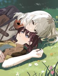  1101maryo 2girls blue_eyes brown_jacket closed_mouth day girls_band_cry grass grey_hair highres iseri_nina jacket kawaragi_momoka long_hair looking_at_viewer multicolored_hair multiple_girls on_ground outdoors red_hair roots_(hair) short_twintails smile twintails yuri 