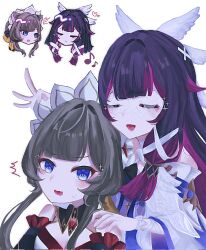  2girls bare_shoulders black_collar black_hair blue_eyes blush bonnet brown_hair closed_eyes collar columbina_(genshin_impact) commentary_request detached_collar detached_sleeves dress embarrassed eye_mask genshin_impact hair_ornament hair_ribbon hand_on_another's_shoulder head_wings highres long_hair long_sleeves mask multicolored_hair multiple_girls multiple_wings musical_note open_mouth purple_hair purple_streaks ribbon sandrone_(genshin_impact) sasasakiwo short_hair_with_long_locks simple_background smile streaked_hair two-tone_hair upper_body white_background white_dress white_headdress white_wings wing_hair_ornament wings x-shaped_eyewear yuri 