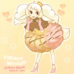  bangs blonde_hair brown_eyes cookie crown curly_hair dress eating elbow_gloves food food_as_clothes food_themed_clothes fruit gloves hat high_heels long_hair lowres pointy_ears shoes strawberry sweets tail white_hair yukke 
