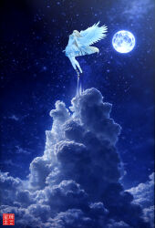  1girl absurdres angel angel_wings ascot bare_shoulders black_shoes blonde_hair blue_eyes blue_ribbon blunt_ends closed_mouth clouds commentary commission cumulonimbus_cloud detached_sleeves english_commentary feathered_wings floating_hair flying full_moon hair_between_eyes hair_ornament highres leg_ribbon long_hair long_sleeves looking_up miniskirt moon night outdoors pixiv_commission pleated_skirt ribbon scenery shimetta_masuta shirayuki_noa shirt shoes skirt sky sleeveless sleeveless_shirt solo star_(sky) starry_sky tenshi_souzou_re-boot! thigh-highs upskirt very_long_hair white_ascot white_shirt white_skirt white_thighhighs white_wings wide_shot wide_sleeves wing_hair_ornament wings zettai_ryouiki 
