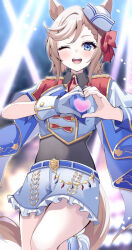  1girl animal_ears blue_eyes blue_neckerchief blush braid breasts brown_hair commentary_request dixie_cup_hat ears_through_headwear gloves guram hair_between_eyes hat heart heart_hands horse_ears horse_girl horse_tail looking_at_viewer military_hat neckerchief open_mouth sailor_hat shirt shorts single_glove single_sleeve smile solo tail teeth tilted_headwear umamusume upper_teeth_only venus_paques_(umamusume) white_hat white_shirt white_shorts 