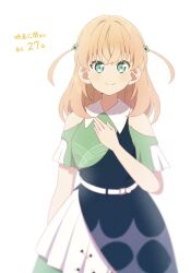  1girl aqua_eyes bare_shoulders closed_mouth clothing_cutout collared_dress commentary_request countdown cowboy_shot crossed_bangs dress green_dress hair_intakes hair_ornament hand_on_own_chest highres hinoshita_kaho link!_like!_love_live! looking_at_viewer love_live! makki_do medium_hair orange_hair shoulder_cutout simple_background smile solo suirinbu_(love_live!) translation_request two_side_up virtual_youtuber white_background 
