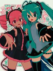  2girls 3d :d absurdres ahoge animasa_model_(mikumikudance) antenna_hair aqua_eyes aqua_hair aqua_necktie belt_charm black_gloves black_shirt black_skirt black_sleeves black_thighhighs border cameo character_charm charm_(object) commentary dark-skinned_female dark_skin detached_sleeves doko_demo_issyo english_commentary fang fingerless_gloves gloves grey_shirt hachune_miku hair_between_eyes hair_ornament hatsune_miku headset highres holding_hands inoue_toro jewelry kasane_teto kasane_teto_(utau) kio_(majin_kz) long_hair looking_at_viewer mikumikudance_(medium) multiple_girls necktie outstretched_hand red_eyes red_hair ring shirt skin_fang skirt sleeveless sleeveless_shirt smile thigh-highs twintails utau vocaloid white_border zettai_ryouiki 