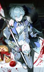  1boy absurdres ambiguous_red_liquid apple arm_support black_coat black_pants coat commentary dd_bsd food foot_out_of_frame fruit genshin_impact gloves green_hair grin hair_intakes highres holding holding_polearm holding_weapon lohen_(genshin_impact) looking_at_viewer male_focus on_table pants pie pie_slice polearm red_eyes shirt sitting smile solo table tablecloth weapon white_shirt 