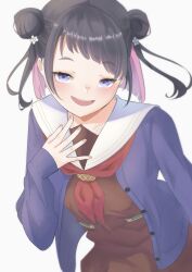  1girl :d black_hair brown_dress cardigan caricariume colored_inner_hair commentary_request cowboy_shot double_bun dress flower hair_bun hair_flower hair_ornament half-closed_eyes hasu_no_sora_school_uniform highres link!_like!_love_live! long_sleeves looking_at_viewer love_live! medium_hair multicolored_hair neckerchief open_cardigan open_clothes open_mouth pink_hair purple_cardigan red_neckerchief sailor_collar sailor_dress school_uniform shirin_mion simple_background smile solo teeth two-tone_hair two_side_up upper_teeth_only violet_eyes virtual_youtuber white_background white_flower white_sailor_collar winter_uniform 