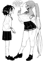  2girls armband bags_under_eyes bandaid bandaid_on_leg black_hair black_shoes black_skirt blonde_hair braid breasts dizzyspells ear_piercing greyscale half_up_braid highres huge_breasts long_hair long_sleeves mask mask_pull medium_hair messy_hair monochrome mouth_mask multiple_girls original panties piercing pleated_skirt pointing pointing_up shoes side-tie_panties skirt socks underwear very_long_hair 