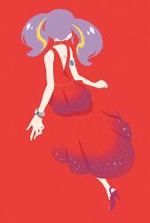  1girl aikatsu!_(series) aikatsu_planet! blending blonde_streaks bracelet commentary_request dress facing_away from_behind full_body high_heels highres jewelry koke_(koke7) long_hair multicolored_hair purple_hair red_background red_dress red_shoes ruli_(aikatsu_planet!) shoes solo standing streaked_hair twintails 