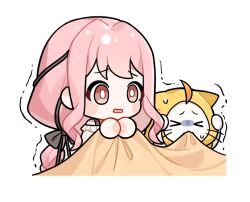  >_< 1girl ahoge animal artist_request bare_shoulders biting black_bow black_ribbon blush_stickers bow bra_strap bright_pupils brown_eyes cat chibi cloak clothed_animal cropped_torso ear_covers frilled_shirt frills frown hair_bow hair_ribbon hands_on_own_head hood hood_up hooded_cloak infinity_nikki long_hair long_sidelocks looking_ahead low_twintails momo_(nikki) nervous_sweating nikki_(nikki) nikki_(series) off-shoulder_shirt off_shoulder official_art open_mouth perfect_start_(infinity_nikki) pink_hair raised_inner_eyebrows ribbon scared shirt sidelocks sticker_(medium) sweat tareme transparent_background trembling tress_ribbon turn_pale twintails under_covers very_long_hair wavy_hair wavy_mouth whiskers white_cat white_pupils white_shirt yellow_cloak 