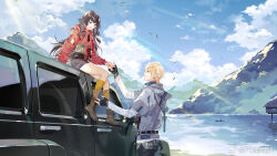  1boy 1girl :d alkaid_mcgrath belt black_belt black_gloves black_hair blonde_hair blue_pants boat boots braid brown_boots center-flap_bangs chinese_commentary clouds commentary_request cowboy_shot cropped_jacket day eye_contact falling_leaves fingerless_gloves full_body gloves green_eyes grey_jacket grey_shorts hair_between_eyes heroine_(lovebrush_chronicles) holding_hands hood hood_down hooded_jacket jacket lace-up_boots lake layered_sleeves leaf long_hair long_sleeves looking_at_another looking_down looking_up lovebrush_chronicles medium_hair motor_vehicle mountain official_art on_van outdoors pants plaid_clothes plaid_shirt pouch profile psd_(psdgai) red_jacket shirt shirt_tucked_in short_over_long_sleeves short_shorts short_sleeves shorts side_braid sitting smile socks standing stilt_house sunlight untucked_shirt van violet_eyes watercraft watermark weibo_watermark white_shirt yellow_socks 