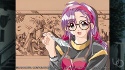  1girl 2000s_(style) anime_coloring apron asymmetrical_bangs atelier-moo braid breasts cheryl_christia game_cg glasses grey_eyes hairband hand_up holding holding_quill long_hair long_sleeves looking_at_viewer low_twin_braids medium_breasts non-web_source official_art open_mouth painting_(object) purple_hair quill ribbon shirt smile solo twin_braids upper_body yuukyuu_gensoukyoku 