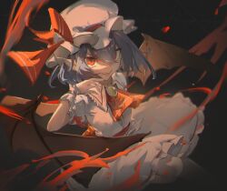  1girl absurdres ascot bat_wings black_background black_wings blue_hair brooch chinese_commentary commentary_request crossed_bangs fang hair_between_eyes hand_up hat hat_ribbon highres jewelry leg_up looking_at_viewer mob_cap open_mouth pantyhose pointy_ears puffy_short_sleeves puffy_sleeves red_ascot red_eyes remilia_scarlet ribbon shirt shoes short_hair short_sleeves simple_background skirt smile solo teeth tongue touhou white_hat white_pantyhose white_shirt white_skirt wings wrist_cuffs xue_ni_guai 