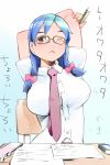  bb blue_hair bow breasts dress_shirt glasses hair_bow hair_ribbon hair_ribbons huge_breasts igarasy necktie original pen pink_eyes ribbon ribbons school_desk shirt sitting stretch stretching translation_request twintails wink 