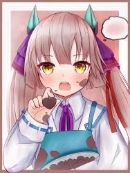  1girl :o adapted_costume apron blue_apron blunt_bangs blunt_ends blush border brown_background brown_border candy chocolate chocolate_on_face collared_shirt commentary embarrassed fake_horns food food_on_face frapan_pan hair_ribbon hand_up heart heart-shaped_chocolate heart-shaped_food heaven_burns_red highres hime_cut holding holding_chocolate holding_food horns incoming_food long_hair long_sleeves looking_at_viewer neck_ribbon ogasahara_hisame open_mouth outside_border pov purple_ribbon red_pupils ribbon ribbon-trimmed_sleeves ribbon_trim shirt sidelocks simple_background solo speech_bubble spoken_blush straight-on straight_hair teeth thought_bubble twintails two-tone_background upper_teeth_only valentine variant_set white_background white_shirt yellow_eyes 