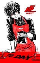  1boy amamiya_ren apron black_hair closed_mouth coffee coffee_pot collared_shirt copyright_name cup holding holding_coffee_pot holding_cup leaning leaning_on_table long_sleeves looking_at_viewer mug official_art partially_colored persona persona_5 red_apron red_eyes red_mug saitou_rokuro shirt signature simple_background sleeves_rolled_up smile solo steaming_cup white_background 
