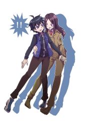  ! !! 2boys big_order black_hair blue_eyes brown_hair brown_pants commentary_request hand_on_another's_waist holding_hands hoshimiya_eiji makimegane multiple_boys necktie open_mouth pants red_eyes red_necktie simple_background smile sundan_ayahito sweatdrop 