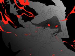  animal_ear_hood animal_ears asymmetrical_eyewear black_background bow braid chinese_commentary cloak commentary_request dot_nose fire floating_hair flower flower-shaped_eyewear goggles goggles_on_headwear greyscale hair_bow hair_over_shoulder heart heart-shaped_eyewear highres hood hood_up hooded_cloak infinity_nikki looking_at_viewer low_twin_braids monochrome nikki_(series) no_mouth rainbow_soda red_eyes rose shaded_face she_is_wildfire_(infinity_nikki) simple_background spikes spot_color twin_braids wolf_ears 