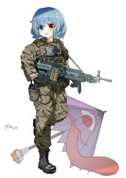  1girl :p alternate_costume black_boots black_gloves blue_eyes blue_hair body_armor boots camouflage camouflage_pants camouflage_shirt chinese_commentary commentary_request full_body gloves green_pants green_shirt gun heterochromia highres holding holding_gun holding_weapon hxj_(2324184595) karakasa_obake lace-up_boots leg_up looking_at_viewer medium_hair military_combat_uniform military_uniform pants purple_umbrella red_eyes shirt simple_background solo standing standing_on_one_leg tatara_kogasa tongue tongue_out touhou trigger_discipline umbrella walkie-talkie weapon weapon_request white_background 