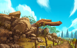 artist_name artstation_logo barbed_wire blue_sky boulder bush clouds commentary day dirt_road english_commentary facebook_logo fence grass highres no_humans original outdoors painterly plant road rock scenery sicuvn sky sunlight tree vines wooden_fence youtube_logo 