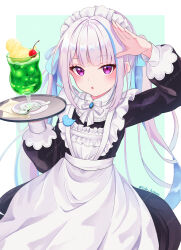  1girl apron black_dress blue_background blue_ribbon blue_streaks blush border bow bowtie brooch cherry cup dress drinking_glass food frills fruit hair_ribbon hand_up highres holding holding_tray hurricane_glass ice_cream ice_cream_float jewelry juliet_sleeves lize_helesta lize_helesta_(9th_costume) long_sleeves looking_at_viewer maid_headdress melon_soda multicolored_hair name_tag nijisanji open_mouth puffy_long_sleeves puffy_sleeves ribbon simple_background solo spoon streaked_hair todo_kagura tray twintails twitter_username violet_eyes virtual_youtuber white_apron white_border white_bow white_bowtie 