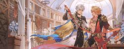  2boys armor blonde_hair cape choker exposed_muscle gauntlets gold_armor gold_necklace highres holding holding_scroll honkai:_star_rail honkai_(series) implied_yaoi jewelry library maicolor male_focus multiple_boys muscular muscular_male mydei_(fig_stew)_(honkai:_star_rail) mydei_(honkai:_star_rail) necklace phainon_(honkai:_star_rail) phainon_(vigethos)_(honkai:_star_rail) scroll shoulder_armor tattoo white_hair 