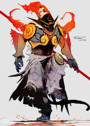  absurdres armor commentary_request dated fire grey_background highres holding holding_staff infernape pokemon pokemon_(creature) reflection signature simple_background solo staff standing standing_on_one_leg sukepmonster tail 