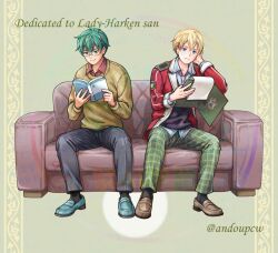  2boys andoupcw black_pants blonde_hair book brown_sweater couch double-parted_bangs eiyuu_densetsu english_text full_body green_background green_hair green_pants hair_between_eyes holding holding_book holding_file jacket jusis_albarea loafers long_sleeves machias_regnitz male_focus multiple_boys necktie on_couch open_book pants penny_loafers plaid_clothes plaid_pants reading red_jacket school_uniform sen_no_kiseki_(series) sen_no_kiseki_i shoes simple_background sitting sweater thors_military_academy_class_vii_uniform twitter_username watermark 
