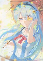  1girl absurdres adjusting_hair bilingual_commentary black_hairband blue_skirt blurry blurry_background blush bow bowtie breasts chinese_commentary clannad closed_mouth commentary_request cowboy_shot crying crying_with_eyes_open dated day depth_of_field english_commentary eyelashes eyes_visible_through_hair falling_petals film_grain floating_hair flower flower_over_eye flowingcrescent grey_eyes grey_hair hair_between_eyes hairband hands_up highres hikarizaka_private_high_school_uniform holding holding_umbrella large_breasts long_hair looking_at_viewer mixed-language_commentary oil-paper_umbrella outdoors petals red_bow red_bowtie red_umbrella sailor_collar sailor_shirt sakagami_tomoyo school_uniform serafuku shirt short_sleeves signature skirt smile solo split_mouth streaming_tears summer_uniform suspender_skirt suspenders tears tomoyo_after umbrella very_long_hair white_shirt yellow_flower 