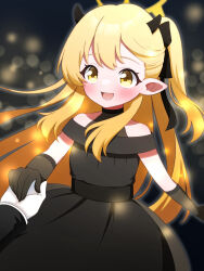  1girl :d absurdres bare_shoulders black_bow black_dress black_gloves black_horns blonde_hair blue_archive blurry blurry_background blush bow collarbone commentary_request cowboy_shot double-parted_bangs dress gloves hair_between_eyes hair_bow halo highres holding_hands horns ibuki_(blue_archive) ibuki_(dress)_(blue_archive) long_hair looking_at_viewer official_alternate_costume one_side_up open_mouth petako_(ptpt_k) pointy_ears pov pov_hands single_sidelock smile solo very_long_hair yellow_eyes yellow_halo 